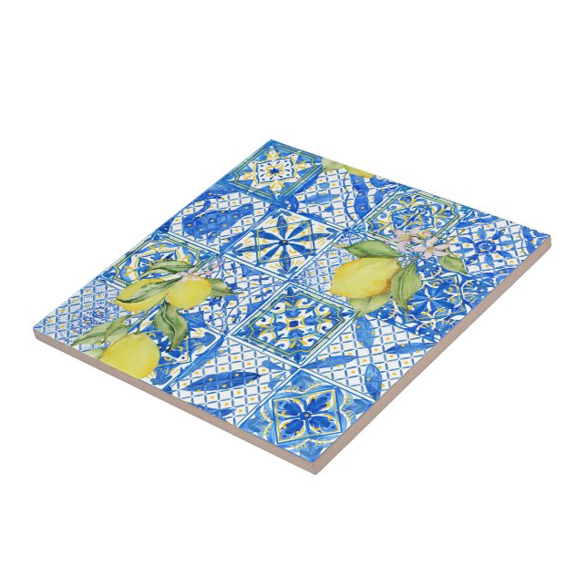 Blue Tile French Country Lemon Pattern Home Decor (Side)