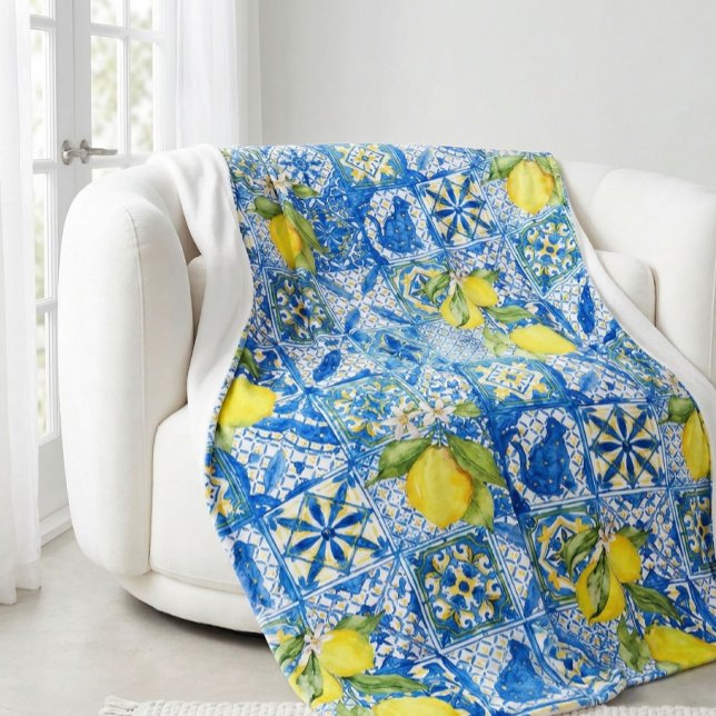 Blue Tile French Country Lemon Pattern Home Decor Fleece Blanket (Creator Uploaded)
