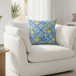 Blue Tile French Country Lemon Pattern Home Decor Throw Pillow