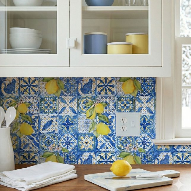 Blue Tile French Country Lemon Pattern Home Decor Wallpaper (Creator Uploaded)