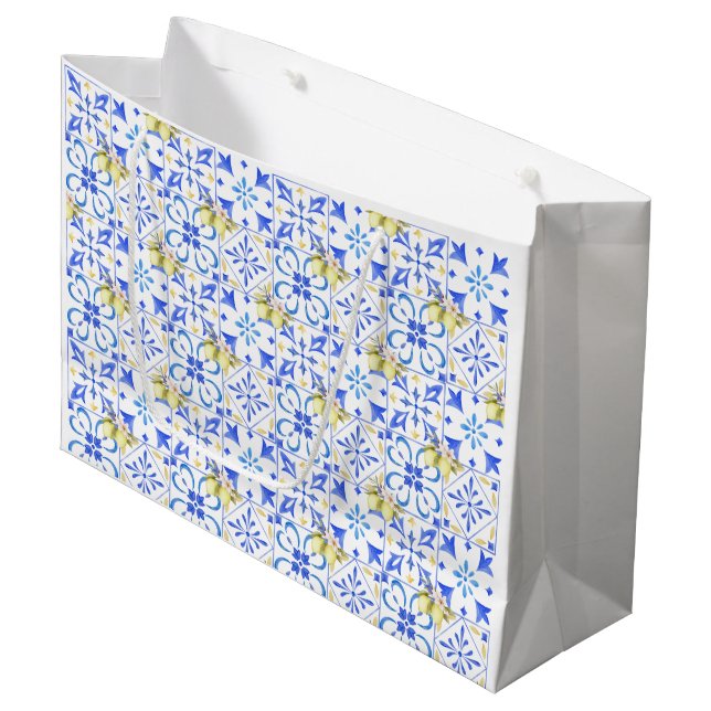Blue Tile French Country Lemon Pattern Large Gift Bag (Front Angled)