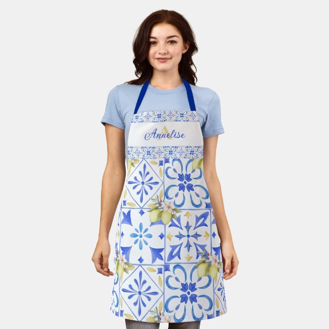 Blue Tile French Country Lemon Pattern Monogram Apron (Worn)