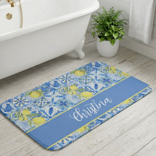 Blue Tile French Country Lemon Pattern Monogram Bath Mat