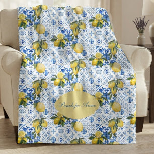 Blue Tile French Country Lemon Pattern Monogram Fleece Blanket
