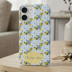 Blue Tile French Country Lemon Pattern Monogram iPhone 16 Case