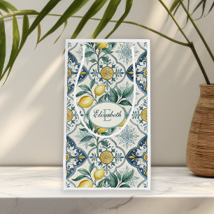 Blue Tile French Country Lemon Pattern Monogram Small Gift Bag