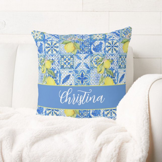 Blue Tile French Country Lemon Pattern Monogram Throw Pillow (Creator Uploaded)