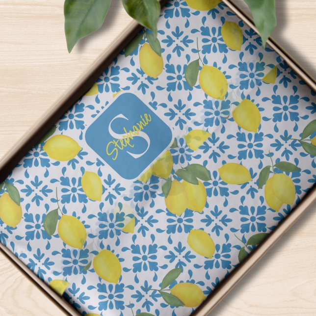 Blue Tile French Country Lemon Pattern Monogram  Tissue Paper (Creator Uploaded)