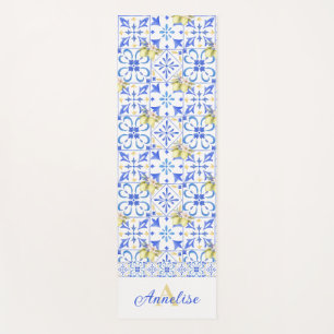 Blue Tile French Country Lemon Pattern Monogram Yoga Mat