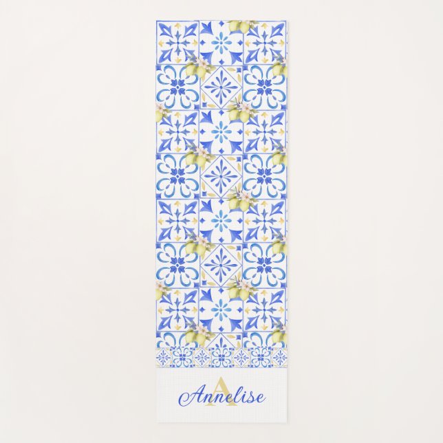 Blue Tile French Country Lemon Pattern Monogram  Yoga Mat (Front)