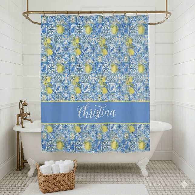 Blue Tile French Country Lemon Pattern Shower Curt (Creator Uploaded)