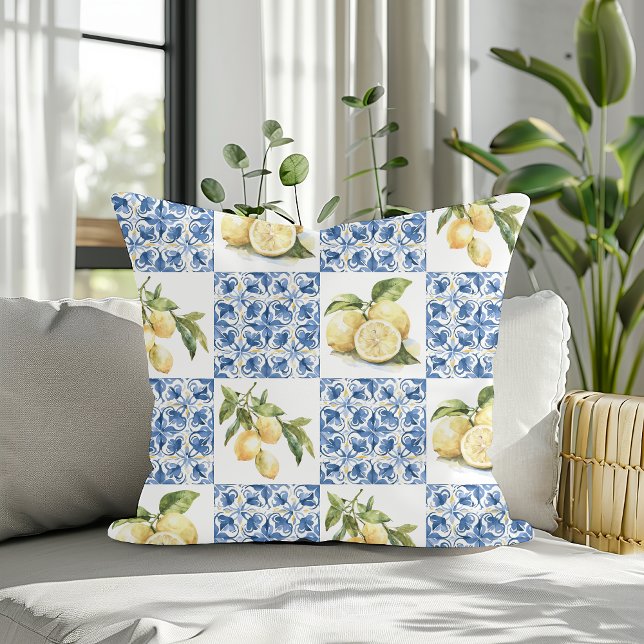 Blue Tile French Country Lemon Pattern Throw Pillow (Creator Uploaded)