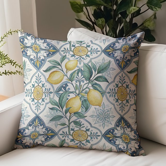 Blue Tile French Country Lemon Pattern Throw Pillow (Creator Uploaded)