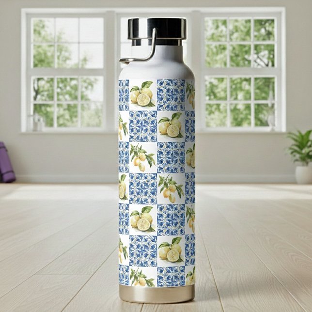 Blue Tile French Country Lemon Pattern Water Bottle (Creator Uploaded)