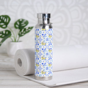 Blue Tile French Country Lemon Pattern Water Bottle