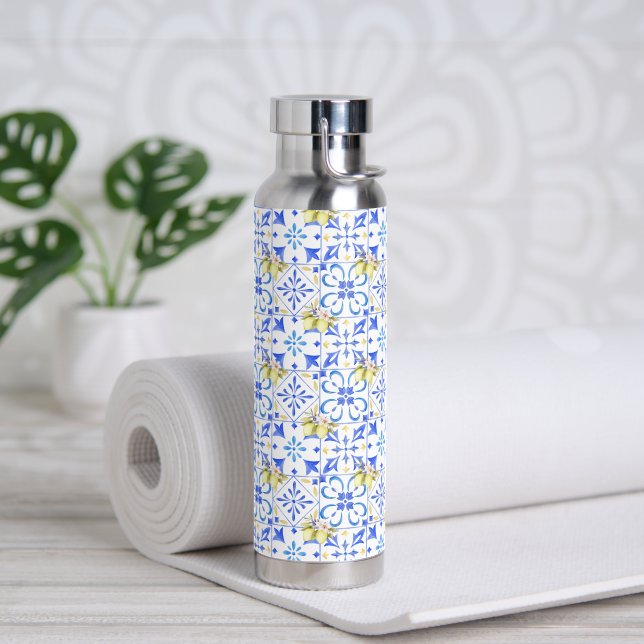 Blue Tile French Country Lemon Pattern Water Bottle (Yoga (Rotated))