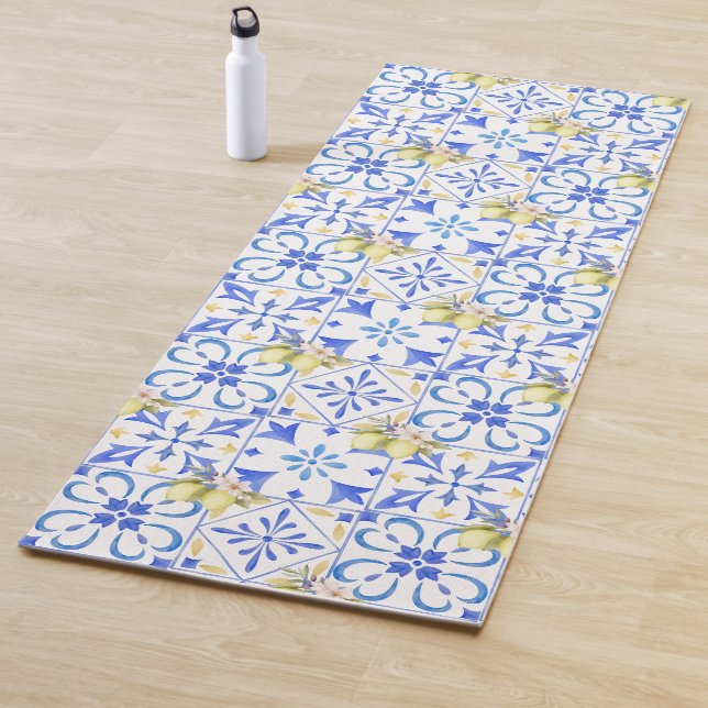Blue Tile French Country Lemon Pattern  Yoga Mat (In Situ)