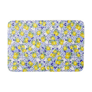 Blue Tile French Country Lemon Watercolor Bath Mat
