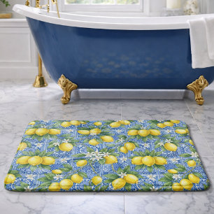 Blue Tile French Country Lemon Watercolor  Bath Mat