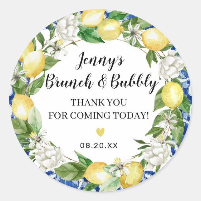 Blue Tile Lemon Bridal Brunch Bubbly Classic Round Sticker (Front)