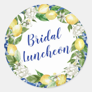 Blue Tile Lemon Bridal Luncheon Classic Round Sticker