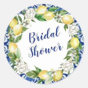 Blue Tile Lemon Bridal Shower Classic Round Sticker