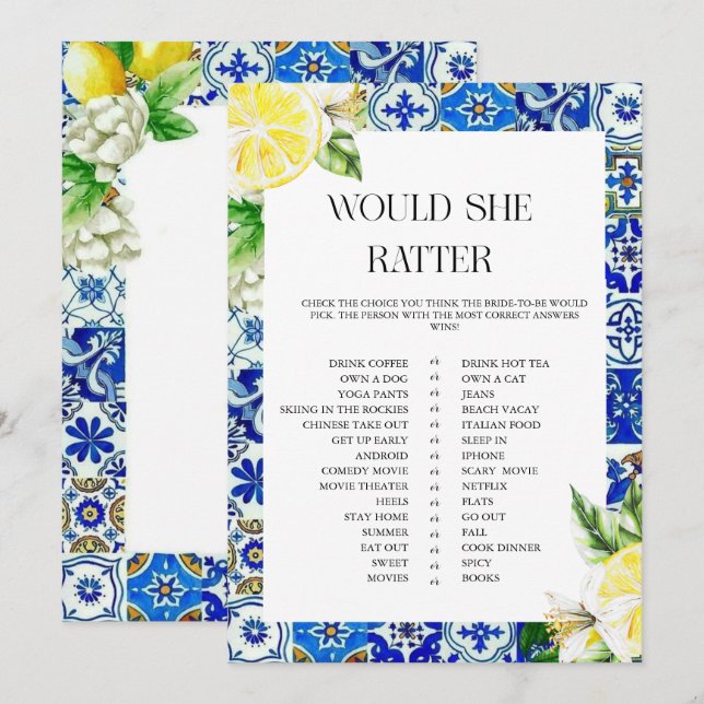 Blue Tile Lemon Bridal Shower  game Invitation (Front/Back)
