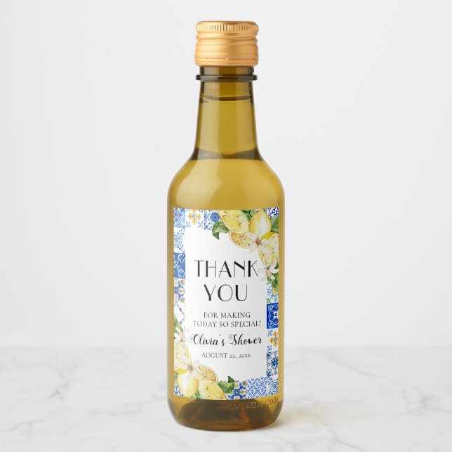 Blue Tile Lemon Bridal Shower Wine Bottle Labels (Front)