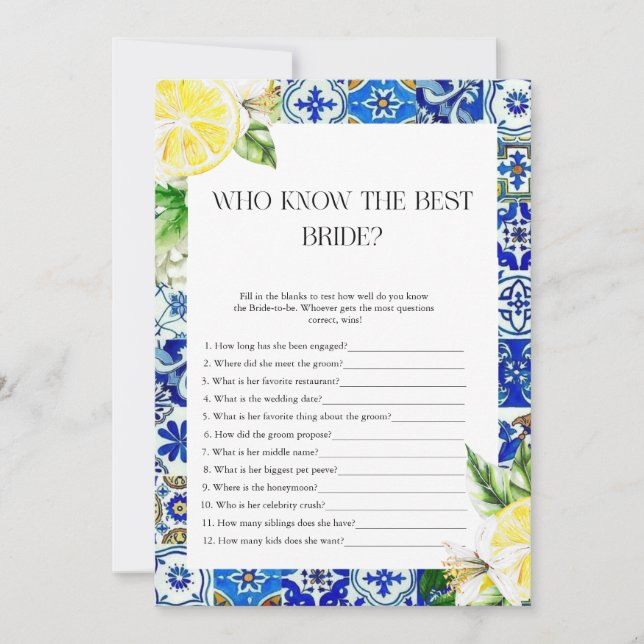 Blue Tile Lemon Bridal Showerr game Invitation (Front)