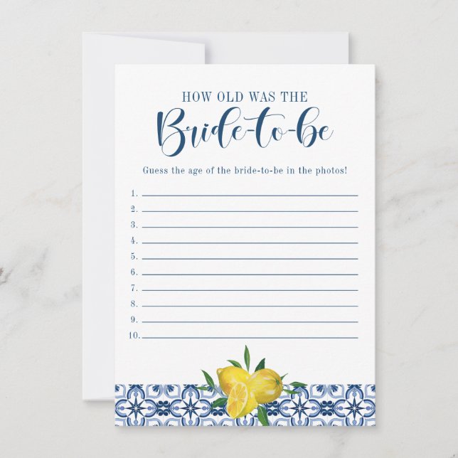 Blue Tile Lemon How Old Was the Bride Game Invitation (Front)