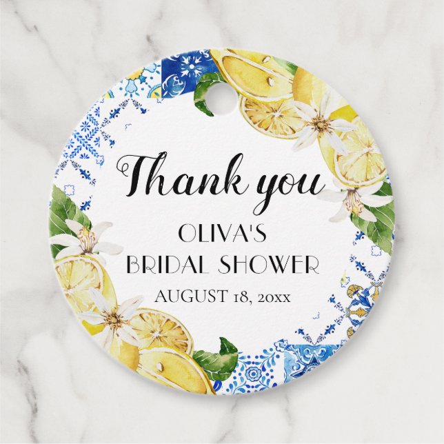 Blue Tile Lemon Italian Bridal Shower Favour Tag (Front)