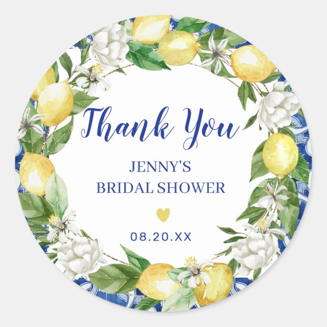 Blue Tile Lemon Italian Bridal Shower Stickers (Front)