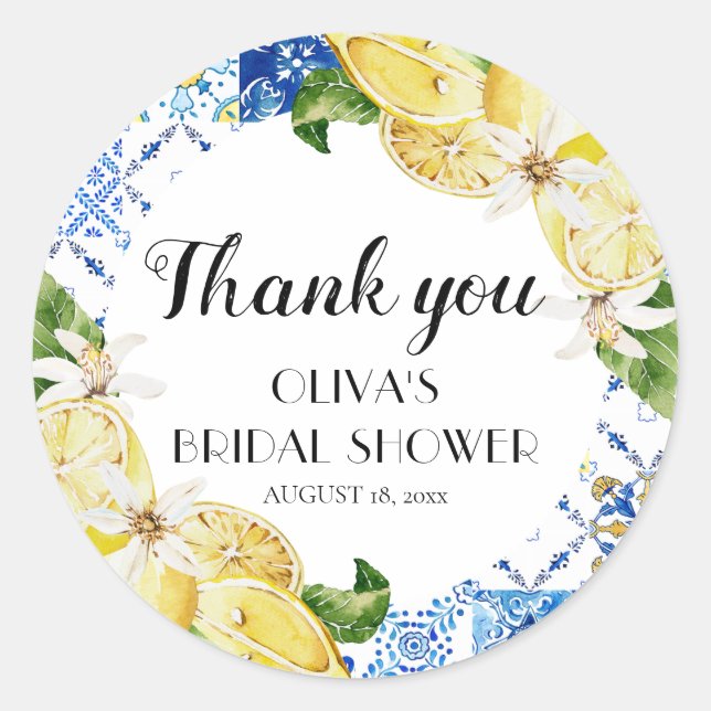 Blue Tile Lemon Italian Bridal Shower Stickers (Front)