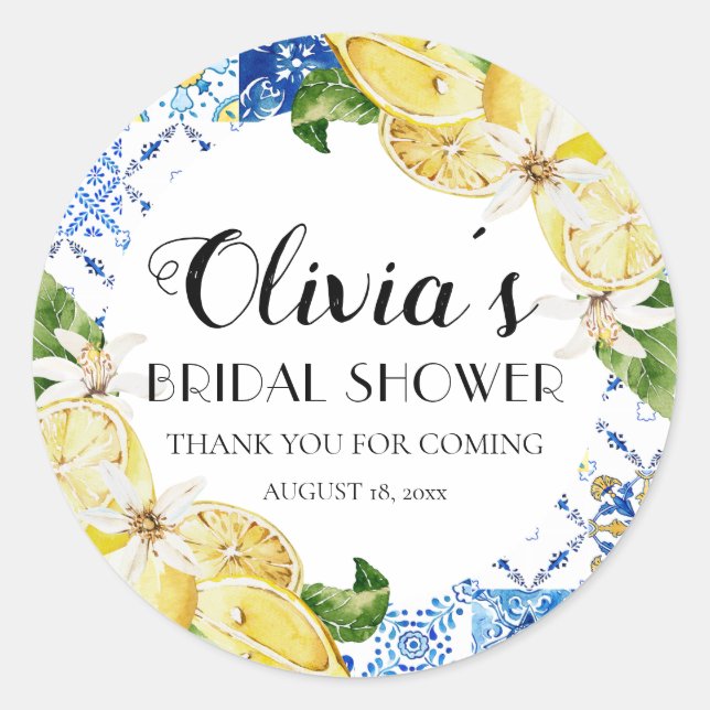 Blue Tile Lemon Italian Bridal Shower Stickers (Front)