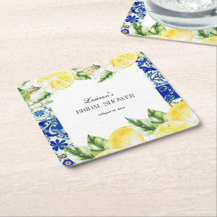 Blue Tile Lemon Italian Bridal Shower welcome Square Paper Coaster
