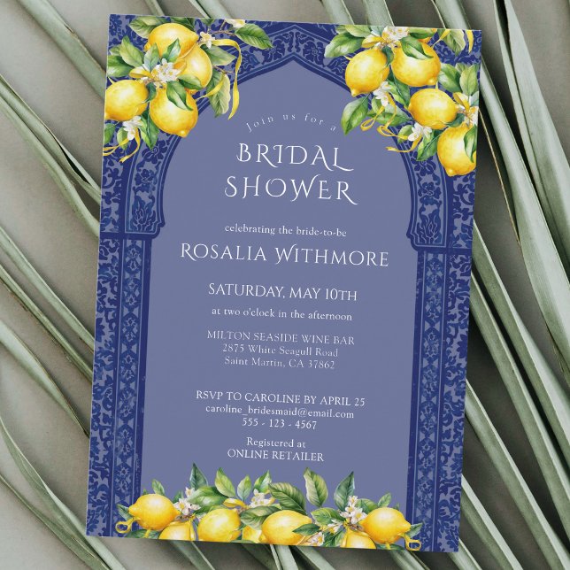 Blue Tile Lemon Mediterranean Bridal Shower Invitation (Creator Uploaded)