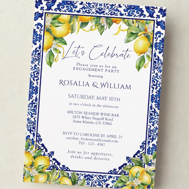 Blue Tile Lemon Mediterranean Engagement Party Invitation (Creator Uploaded)
