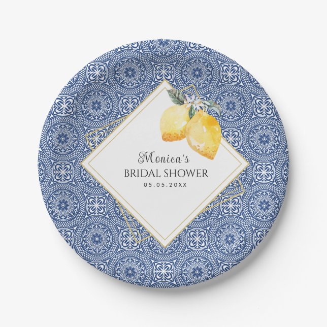 Blue Tile & Lemons Spanish Italian Bridal Shower Paper Plate (Front)