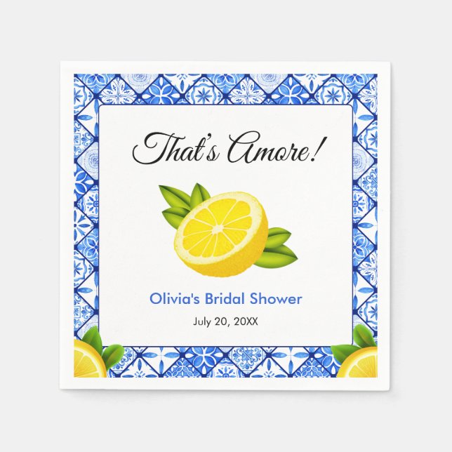 Blue Tile Mediterranean That's Amore Bridal Shower Napkin (Front)
