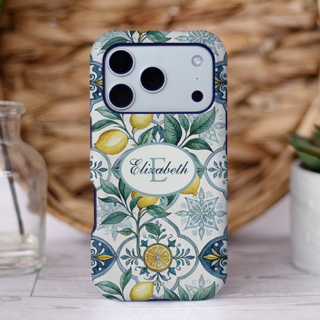 Blue Tile Monogram French Country Lemon Pattern Case-Mate iPhone Case (Creator Uploaded)