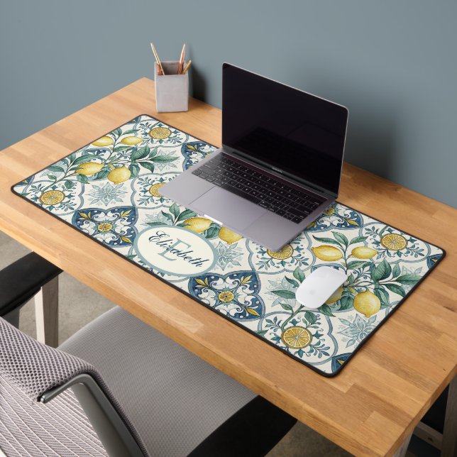 Blue Tile Monogram French Country Lemon Pattern Desk Mat (Office 2)