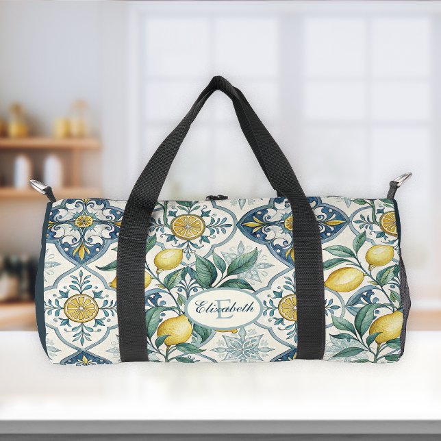 Blue Tile Monogram French Country Lemon Pattern  Duffle Bag (Creator Uploaded)