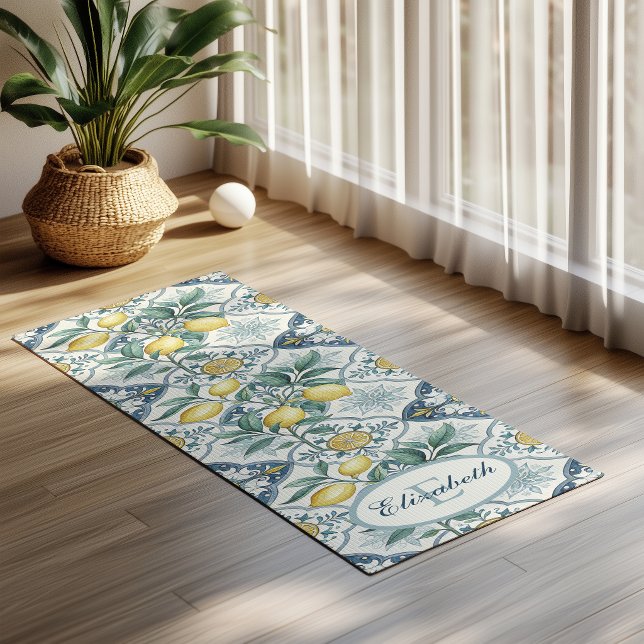 Blue Tile Monogram French Country Lemon Pattern Yoga Mat (Creator Uploaded)
