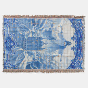 Blue tile mosaic of jesus, Portugal Throw Blanket