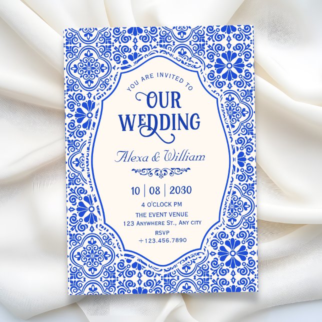 Blue tile pattern art wedding invitation (Creator Uploaded)