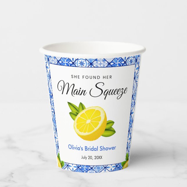 Blue Tile She Found Her Main Squeeze Bridal Shower Paper Cups (Front)
