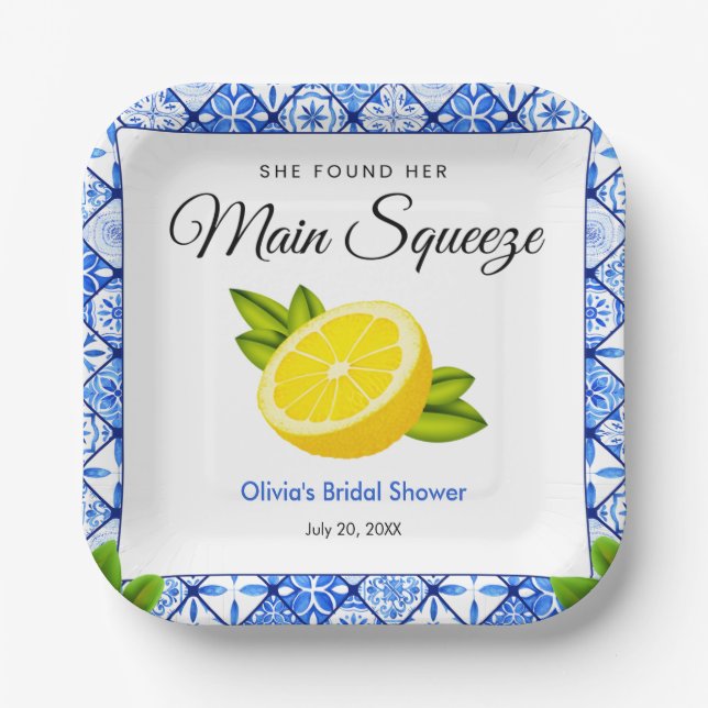 Blue Tile She Found Her Main Squeeze Bridal Shower Paper Plate (Front)