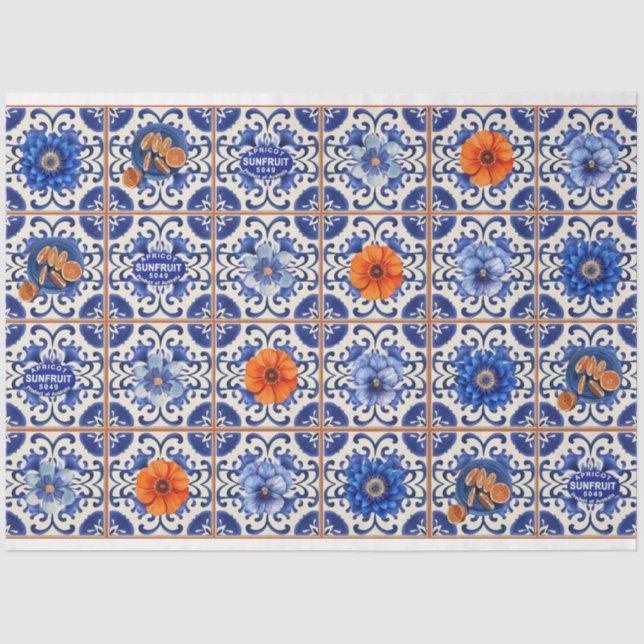 Blue tile with orange flowers decoupage tissue paper (Front)