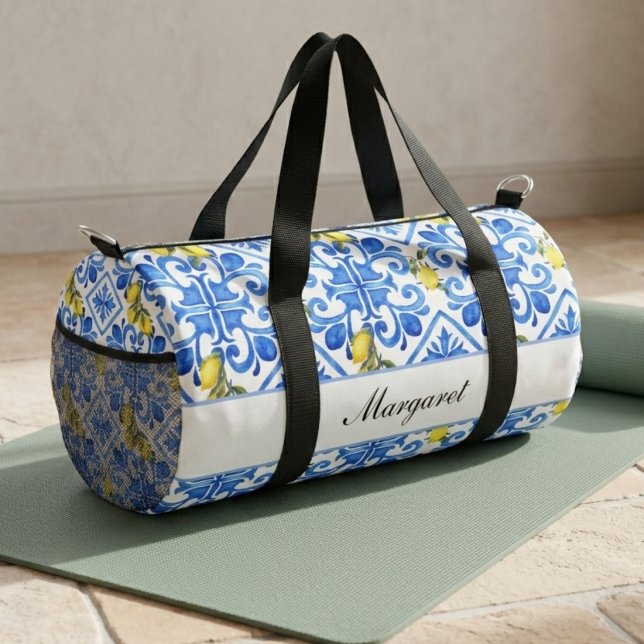 Blue Tile Yellow Lemon Watercolor Monogram Name Duffle Bag (Creator Uploaded)