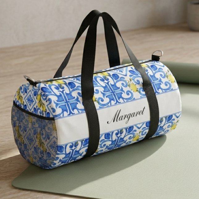 Blue Tile Yellow Lemon Watercolor Monogram Name Duffle Bag (Creator Uploaded)
